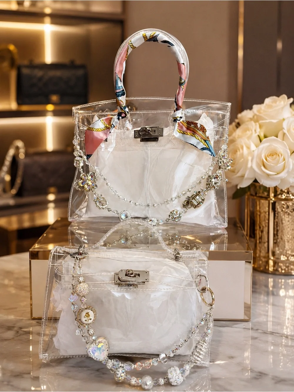 Transparent Crystal-Embellished Tote Bag with Pink Scarf Handle